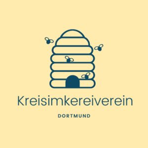 Logo vom Imkereiverein. Bienenstock mit Bienen in blau auf gelben Hintergrund.