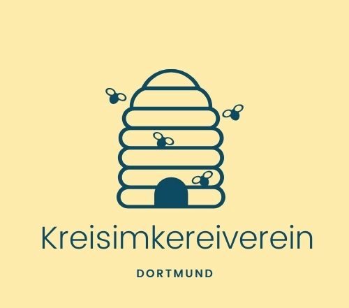 Logo vom Imkereiverein. Bienenstock mit Bienen in blau auf gelben Hintergrund.